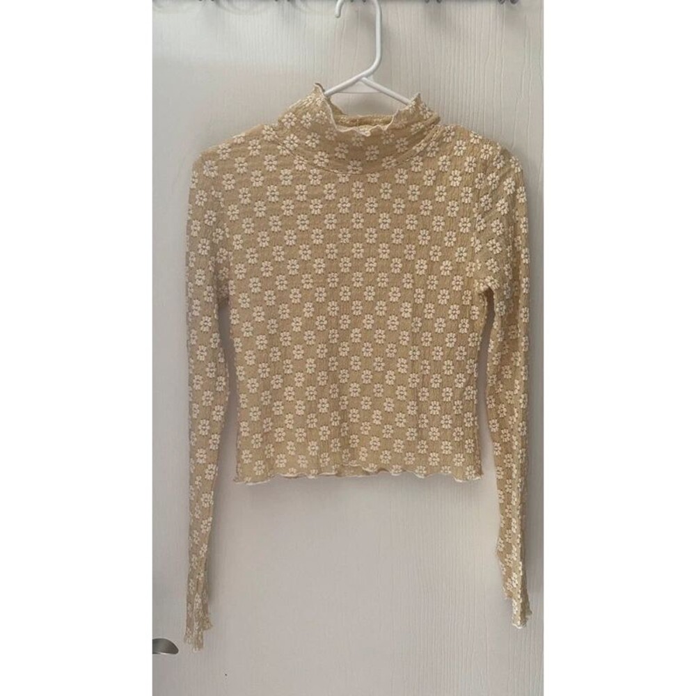 Promesa Floral Lace Mock Neck Long Sleeve Top Cream Beige Small